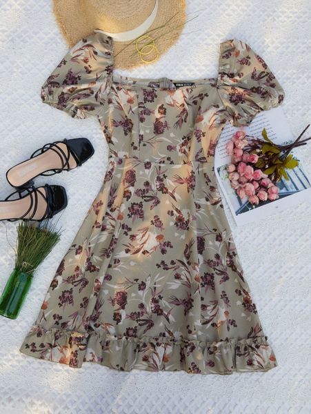 

puff sleeve ruffle hem floral print dress s2bm#, Black;gray