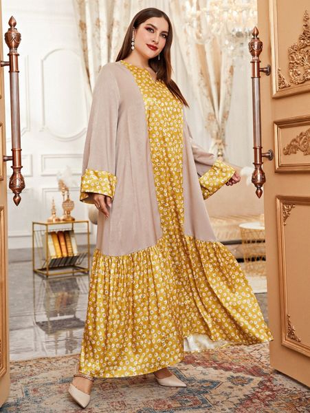 

plus random floral print ruffle hem smock dress p6ec#, Black