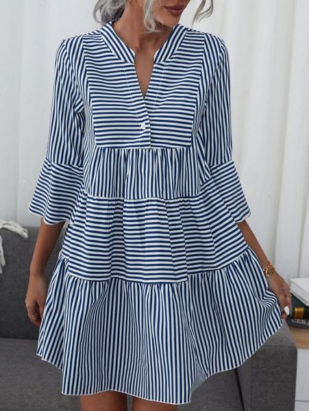 

striped single button front flounce hem dress 17oa#, Black;gray