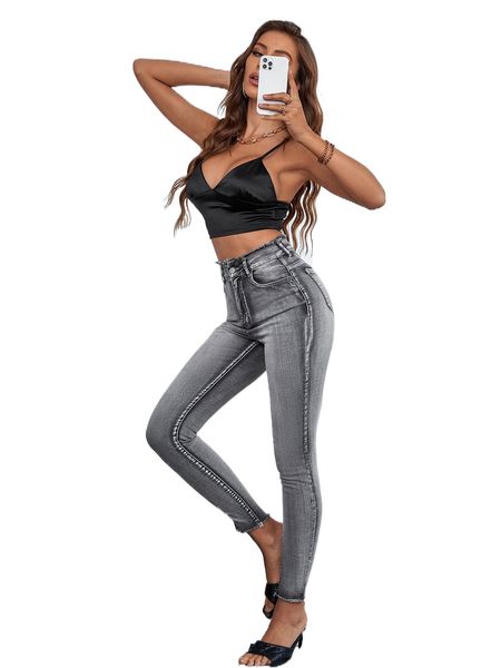 

high waist raw trim skinny jeans f9vs#, Blue