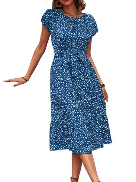 

heart print batwing sleeve ruffle hem belted dress o9ts#, Black;gray