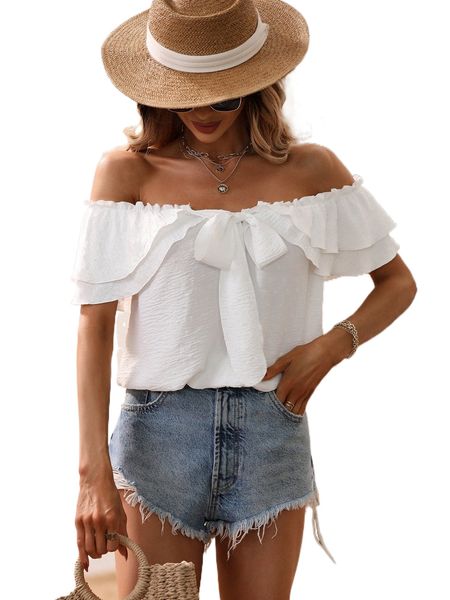 

off shoulder ruffle trim knot front blouse z9ut#, White