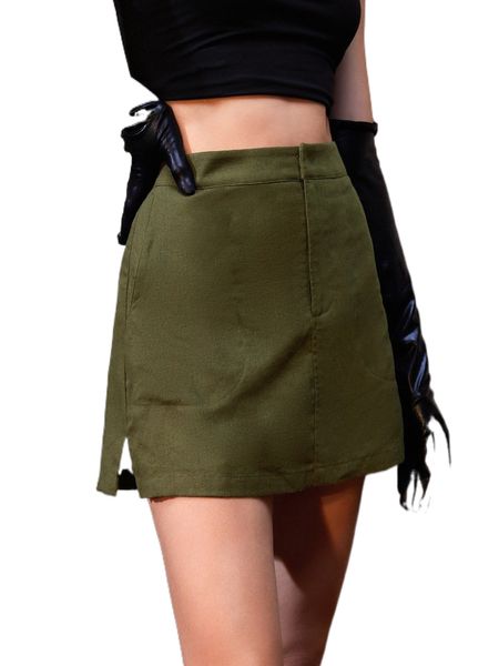 

x averinewyou high waist pocket back slit skirt v8ei#, Black