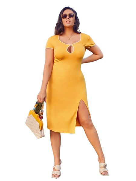 

plus cut out contrast binding split thigh dress o6w9#, Black