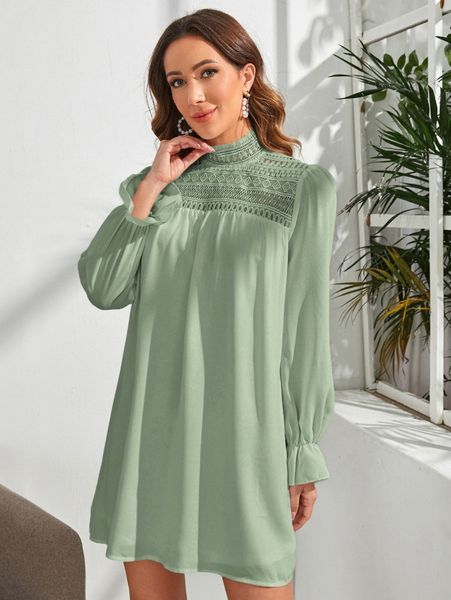 

guipure lace insert flounce sleeve dress y7qx#, Black;gray