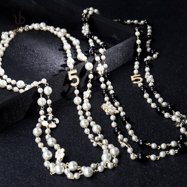 

fashion luxury designer classic flower elegant bright pearl multi layer long winter sweater statement necklace for woman2853, Black