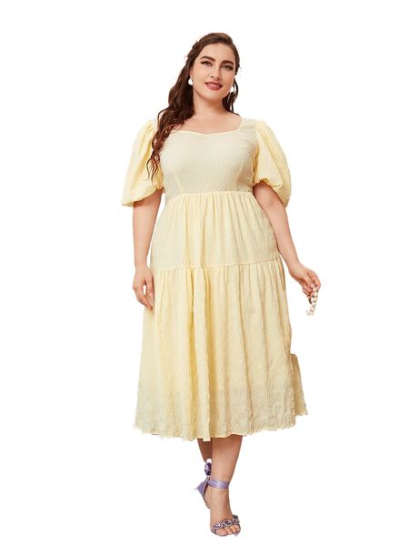 

plus 1pc puff sleeve sweetheart neck ruffle hem dress x3o1#, Black