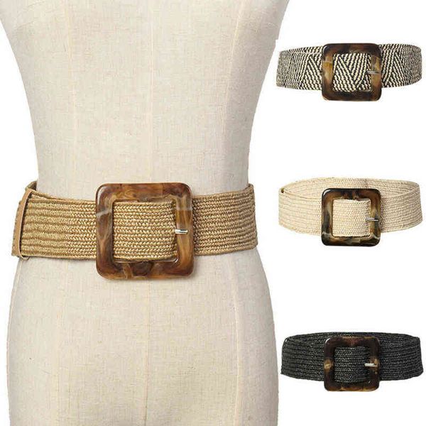 

women belt straw casual ultra wide belt female woven vintage carved wood buckle elastic belt decoration dress shirt waist seal l220728, Black;brown