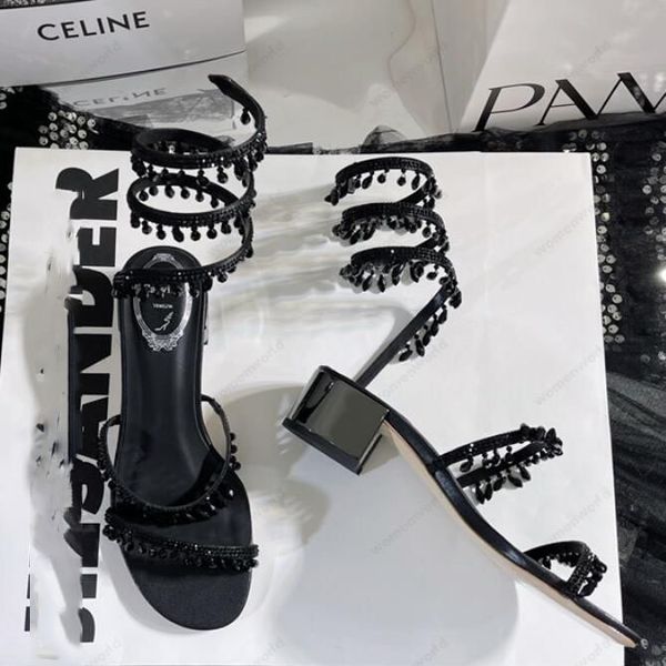

rene caovilla stiletto high heel sandals crystal karung snakelike twining rhinestone sandals women summer spiked spiral square toe heels sho, Black