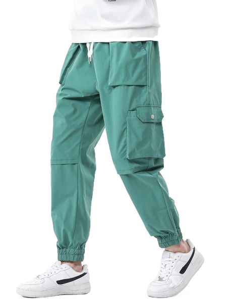

men solid drawstring cargo pants 772w#, Black