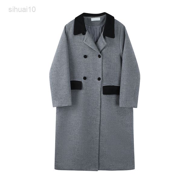 

retro women suit collar contrast color wool grey jacket loose wild double-breasted over knee mid-length jacket female warm l220725, Black