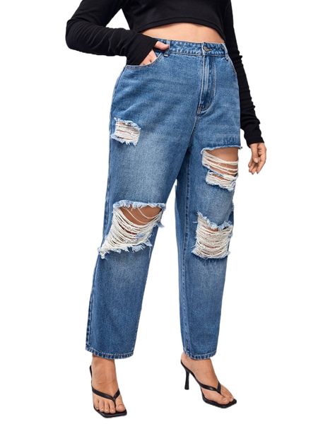 

plus high waist ripped straight leg jeans 778v#, Blue