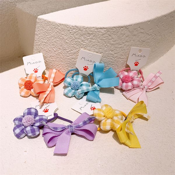 

3 pcs new fashion children's bow rubber band sweet girl simple cute colorful plaid fabric flower hair rope hair accessories, Slivery;white