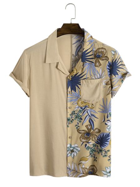 

men color block floral print pocket patched shirt c289#, White;black