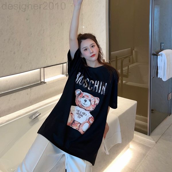 

women's t-shirt designer mos 2022 spring and summer new couple oil painting bear print casual round neck short sleeve t-shirt men', White