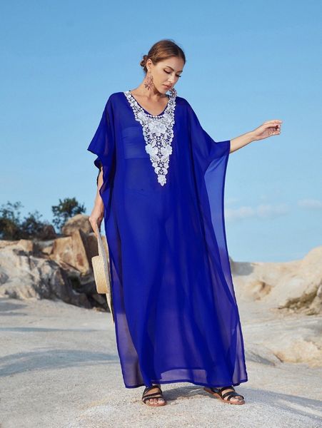 

floral embroidery batwing sleeve cover up h34p#, White;black