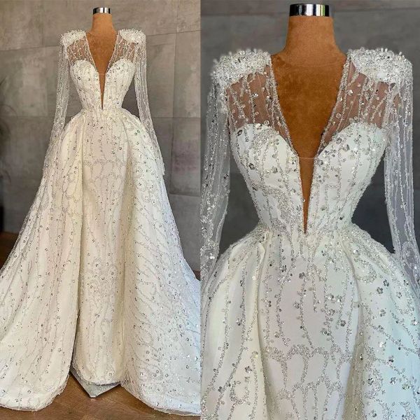

luxury beading mermaid wedding dresses bridal gown long sleeves overskirt crystals beaded ruffles custom made ruched plunging v neck garden, White