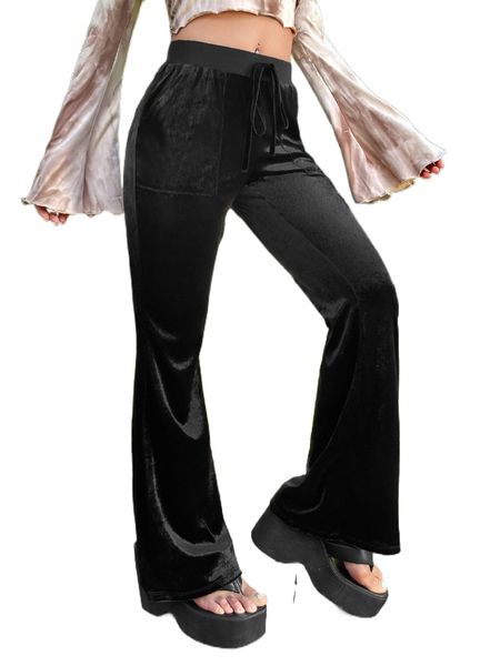 

grunge drawstring waist slant pocket flare leg pants 04zn#, Black;white