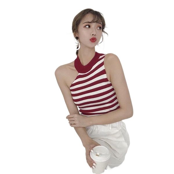 

women's tanks & camis women camisole fashion slim halter collar off shoulders vest trendy casual striped knit tank  b5ib#, White