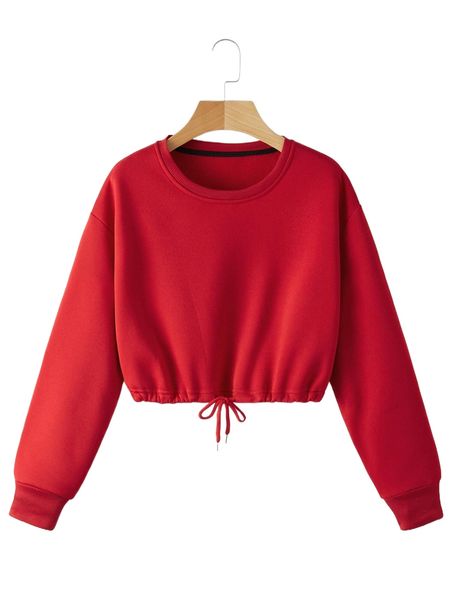 

drop shoulder drawstring thermal lined sweatshirt v0tl#, Black