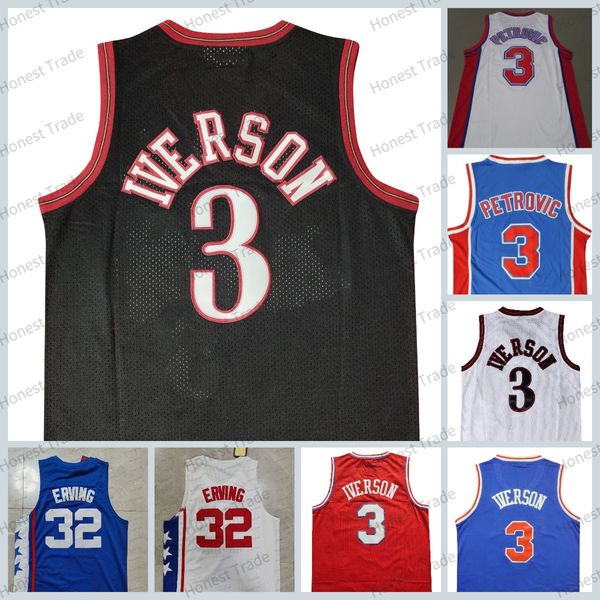 Retro Drazen 3 Iverson Erkek Basketbol 32 Julius 6 Erving Blue Petrovic 3 Allen Mavi Vintage Beyaz Siyah Dikişli Jersey Kaliteli Spor Giyim