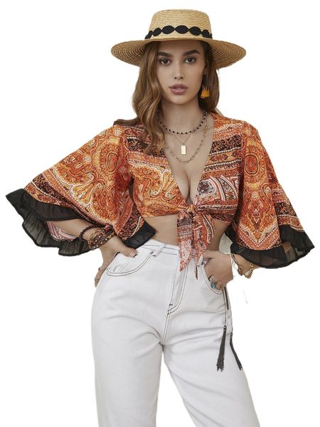 

rusttydustty allover print trumpet sleeve contrast mesh tie front crop n4qk#, White