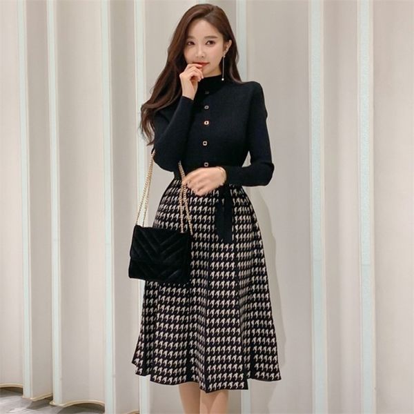 

zawfl autumn korean elegant knitted plaid patchwork women dress long sleeve o neck lace up bow pleated midi dresses vestido 220801, Black;gray