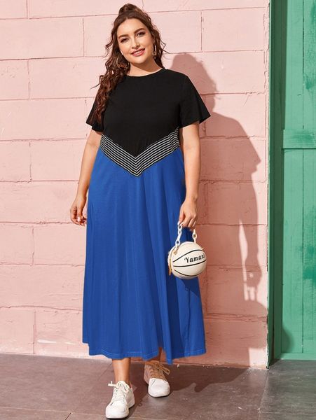 

plus chevron striped panel colorblock dress 98vl#, Black
