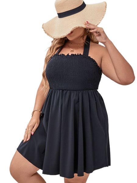 

plus shirred frill trim tie backless halter dress z2nz#, Black
