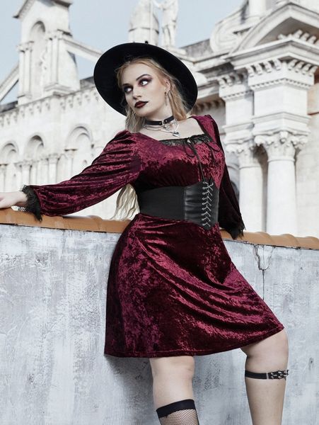 

plus velvet square neck contrast lace dress without corset u9um#, Black