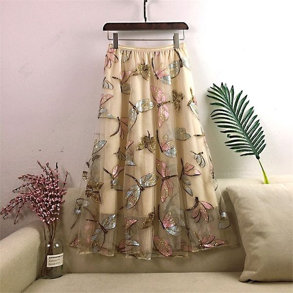 

autumn women mesh skirt dragonfly sequin embroidery long skirt ladies casual voile appliques skirt mid-calf swing skirts 210315, Black