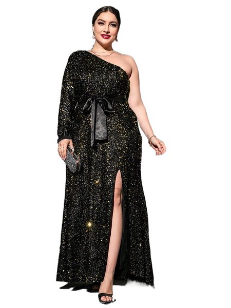 

plus one shoulder split thigh belted sequins maxi dress l852#, Black