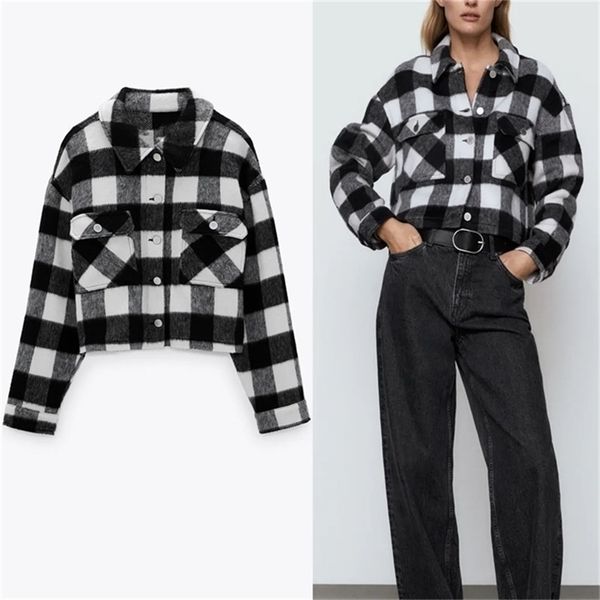 

cropped plaid overshirt women vintage long sleeve lapel collar office lady shirt woman fashion front patch pockets 210524, White