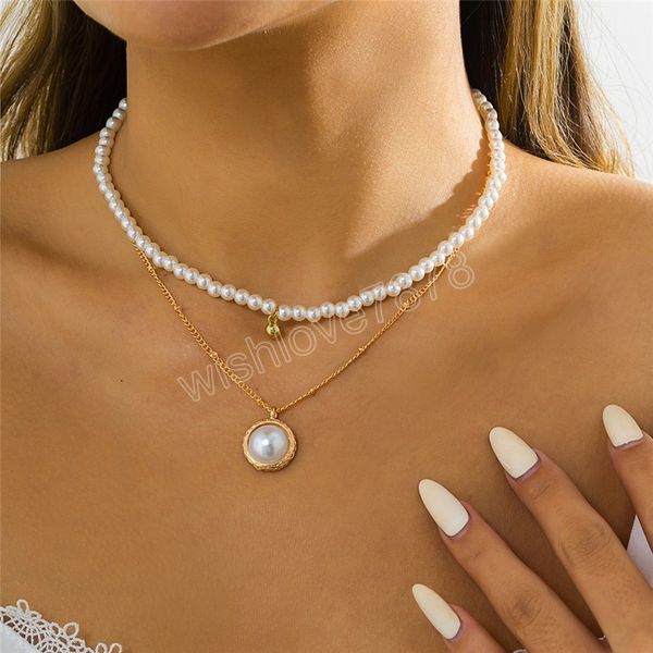 

minimalism round coin pendant choker necklace summer beach boho imitation pearl chain aesthetic women neck accessories, Silver