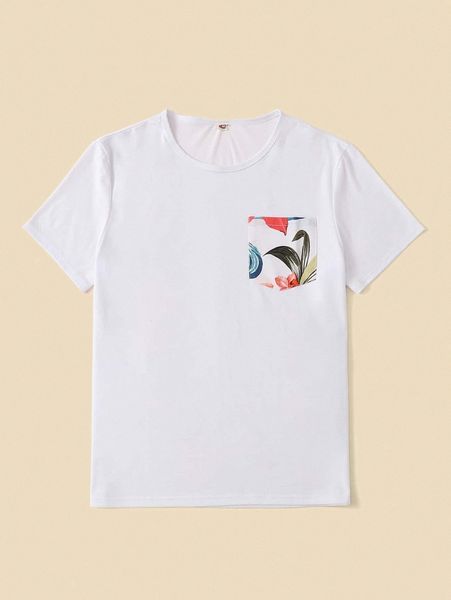 

men 1pc tropical print tee s6oz#, White;black