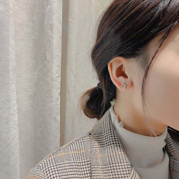 

925 silver needle korean dongdaemun same product diamond rhinestone ball earrings simple long earrings personality windmill eardrop for wom, Golden