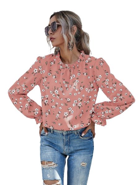 

flounce sleeve frill neck floral print blouse q6qf#, White