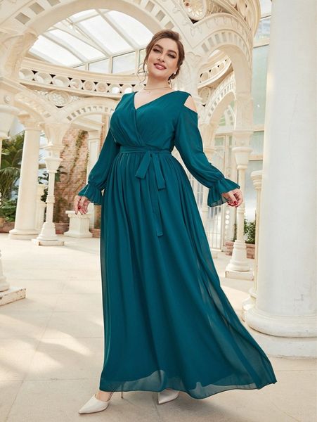 

plus cold shoulder flounce sleeve belted dress u9sr#, Black