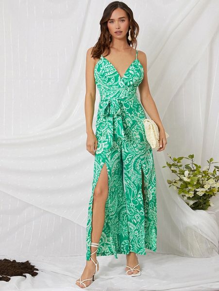 

paisley print split thigh belted cami jumpsuit v7dt#, Black;white