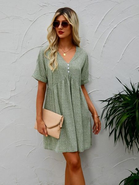 

v-neck rolled cuff babydoll dress f4rz#, Black;gray