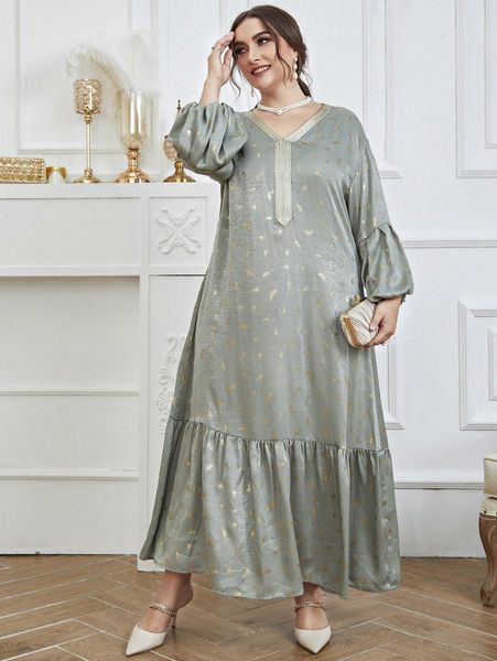 

plus gold feather print lantern sleeve ruffle hem maxi dress p8h9#, Black