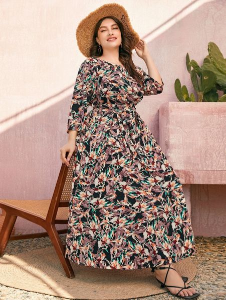 

plus allover floral print belted dress x3gb#, Black