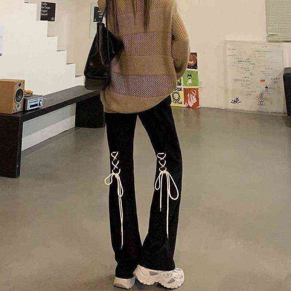 

women's jeans autumn korean version traf pants solid color retro straps high waist micro horn casual loose 221225, Blue