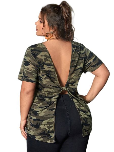 

plus twist open back camo tee v6lk#, Black