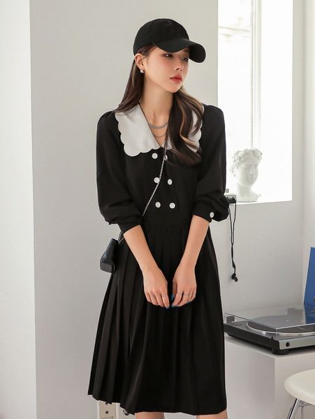 

dazy double breasted peter-pan collar bishop sleeve pleated hem dress l0yt#, Black;gray
