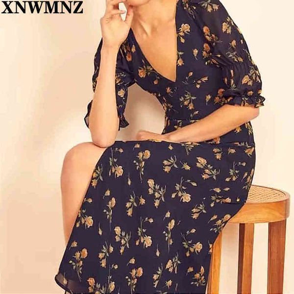 

xnwmnz za fashion half sleeve women midi dress woman vintage floral print navy split opens dresses france chiffon vestidos 210513, Black;gray