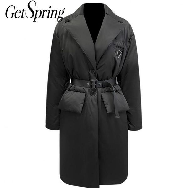 

getspring women parka womens winter coats bandage vintage long parka down jacket woman black winter overcoat fashion 201127