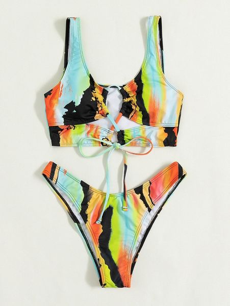 

brush print lace up front bikini swimsuit o2nu#, White;black