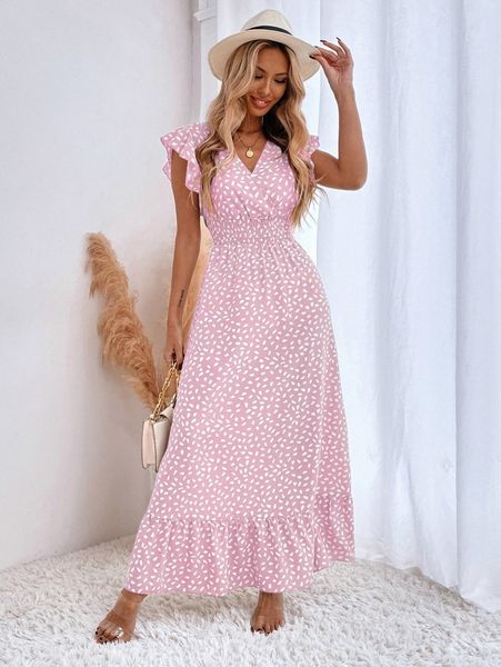 

allover print ruffle trim shirred waist dress o2jk#, Black;gray