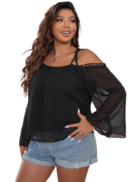 

plus swiss dot contrast mesh cut out tie shoulder blouse z9aw#, Black